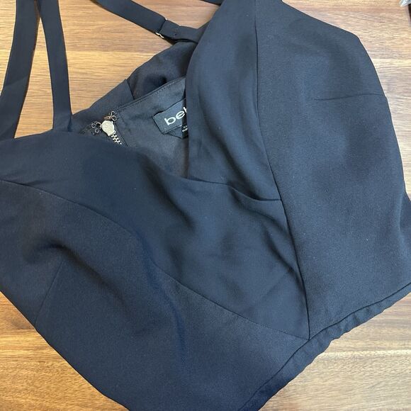 Bebe Jumpsuit Black Wide Split Leg V-Neck Stretch Peek a boo Back Women's Size 8 - Picture 7 of 7